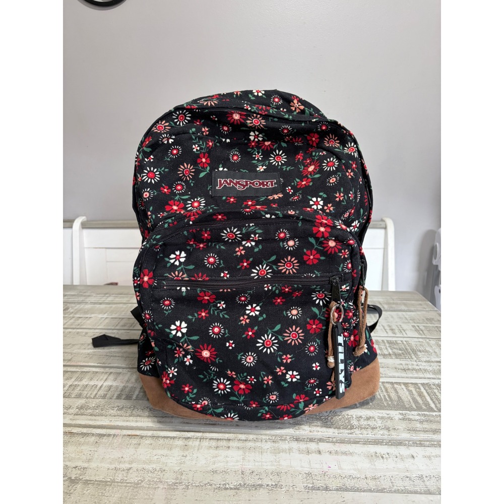 Jansport Floral Backpack Black Red White Flowers Brown Suede Bottom